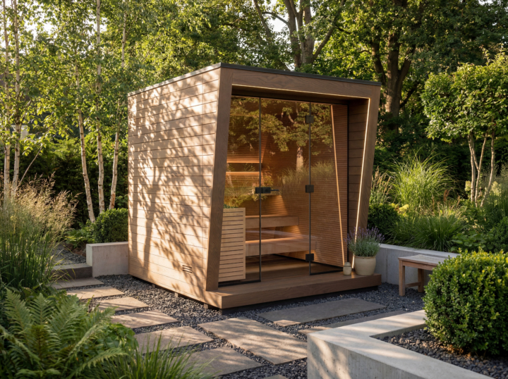 Free-standing garden sauna on a paved base