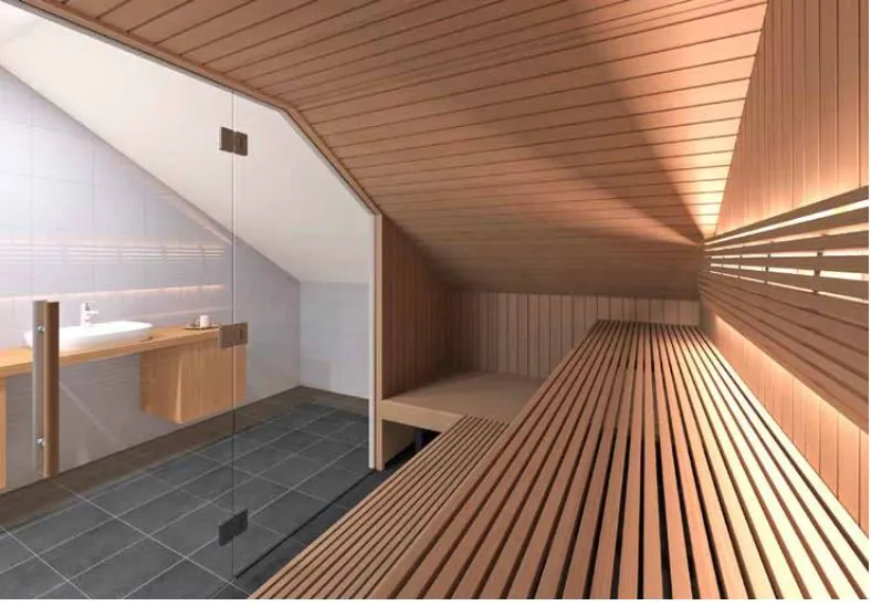 Sauna fitted under a sloping ceiling in an existing room